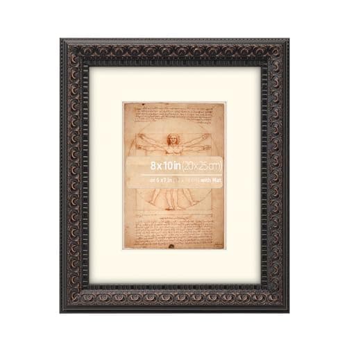 Image of 8x10 in Black Bronze Ornate Classic Picture Frame, Matted for 5x7 Photos, Tabletop or Wall Mount Display, Real Glass