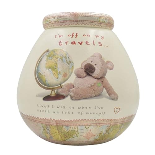Image of Pot of Dreams Hand Painted Teddy with Globe Save And Smash Handcrafted Ceramic Money Box Piggy Bank | Perfect Decorative Gift and Saving for Holidays & family Vaction