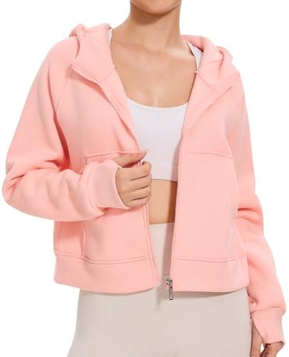 Image of Ullnoy Womens Comfortable Zip Up Hoodie with Pockets Long Sleeve Plain Ladies Cropped Jackets Lightweight Thermal Top for Women Uk Pink XL