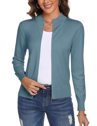 Image of Aottori Women's Cardigans Zip Up Knited Jacket Long Sleeve Open Front Cardigan Solid Lightweight Casual Knitwear Jumpers UK Blue Grey M
