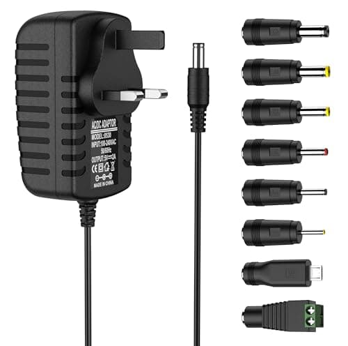 Image of 5V 2A DC Power Supply UK Plug AC Adapter with 8 DC Plug Tips, Converter Driver AC 100-240V Supply to 5V,Converter Adapter Transformer for CCTV Camera, USB 3.0 HUB, LED Lights