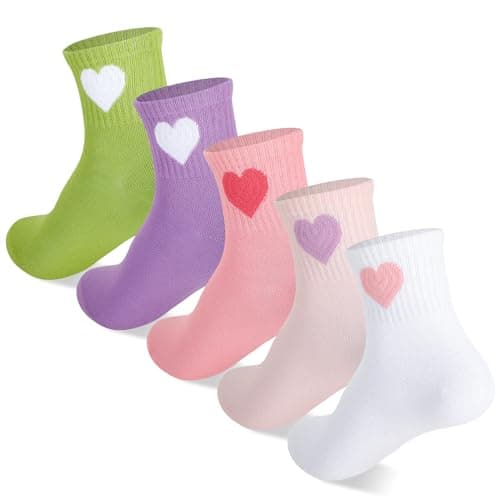 Image of Zuimei 5 Pairs Girls Socks, Kids Crew Socks School Sport Girls Athletic Sock Cute Heart Cotton Socks Casual Stretchy Sock for 6-8 Years