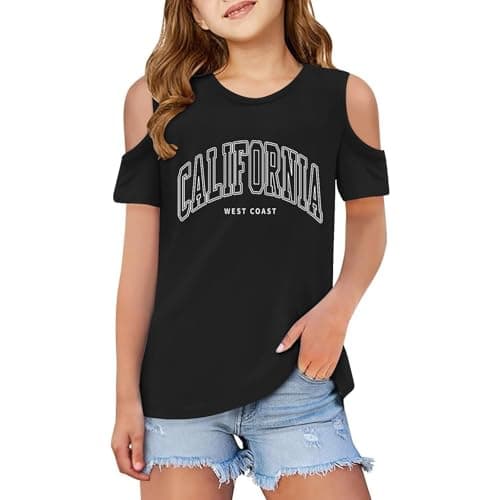 Image of Kids Off the Shoulder T Shirts Girls Age 3-12 Years Short Sleeve Round Neck Trendy Graphic Tshirts Teenage Girls Summer Cartoon Cute School Casual Sports Children Tunic Tops (Black, 11-12 Years)