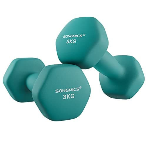 Image of SONGMICS Set of 2 Dumbbells, 2 x 3 kg Hand Weights with Neoprene Coating, Hexagonal Dumbbells Pair, Home Workout, Fitness Training Exercise, Teal Blue SYL906Q01
