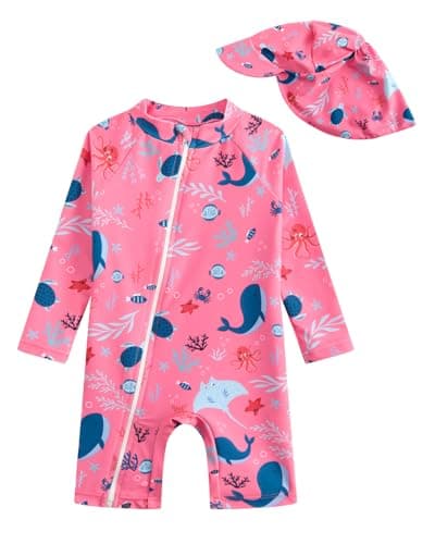 Image of DivingBirds Baby Girls Swimming Costume with Sun Hat, Toddler Girls Long Sleeve All-in-One Sunsuit Easy Change Front Zip Pink for 12-18 Months