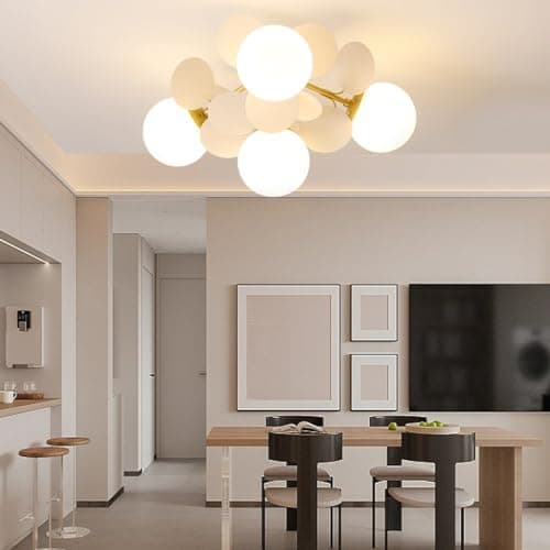Image of RuiRfh 8 Light G9 Glass Globe Sputnik Chandelier Matte Gold Mid Century Modern Ceiling Light Fixture Adjustable Vintage Hanging Pendant Lighting for Dining Room Kitchen Bedroom Farmhouse (Color : Whi