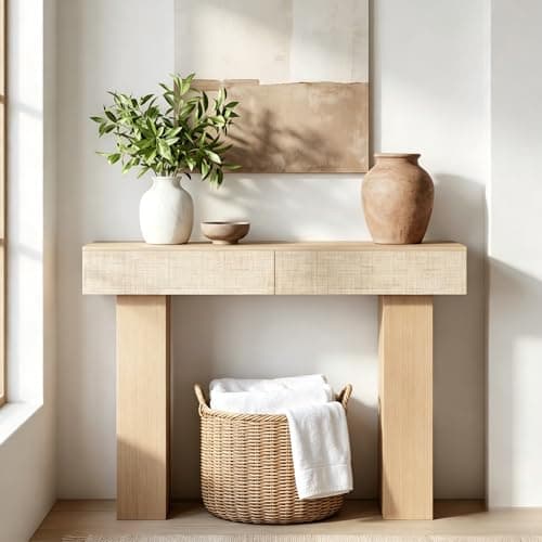 Image of DAWNYIELD Console Table with 2 Rattan Drawers, 114cm Wooden Sofa Table with Storage, Side Table Behind Couch, Modern Entryway Table with Storage Space for Entrance, Hallway, Living Room