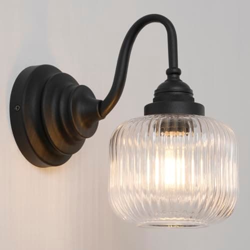Image of SongCiLT Gooseneck Wall Light with Clear Striped Glass Shade Hardwired, Vintage Industrial Wall Sconce Vanity Light Fixture for Bathroom Kitchen Living Room Bedroom