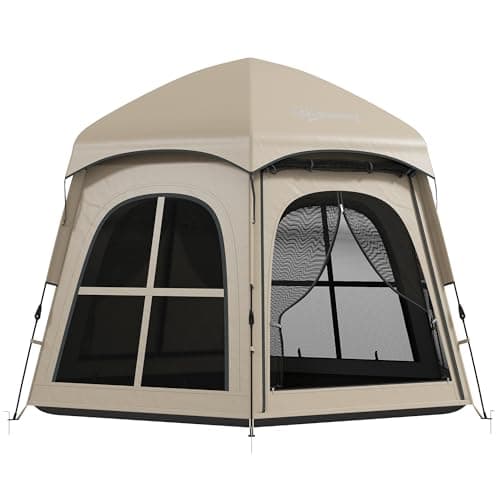Image of Outsunny Pop Up Tent, Instant Camping Tent with 2 Doors and 4 Windows and Carry Bag, 3000mm Waterproof, for 3-4 People, Khaki, (Stakes and Ropes Included)