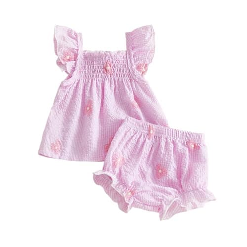Image of Ardougudougu Baby Girl Summer Clothes Cute Embroidered Ruffle Tops Dress Shorts Outfits Set Infant Toddler Flying Sleeve Shrit Bloomers Princess Outfit (Pink, 3-6 Months)