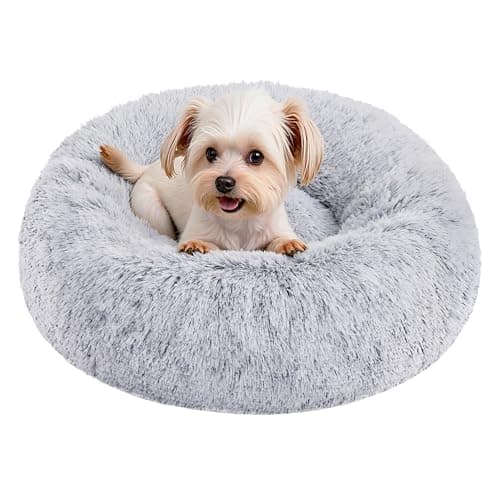 Image of Feandrea Plush Donut Dog Bed,Cat Bed,Fluffy Dog Bed, Calming Round Doughnut Cushion,Machine Washable, small&medium Beds, Long Plush, Grey 50cm PGW037G01