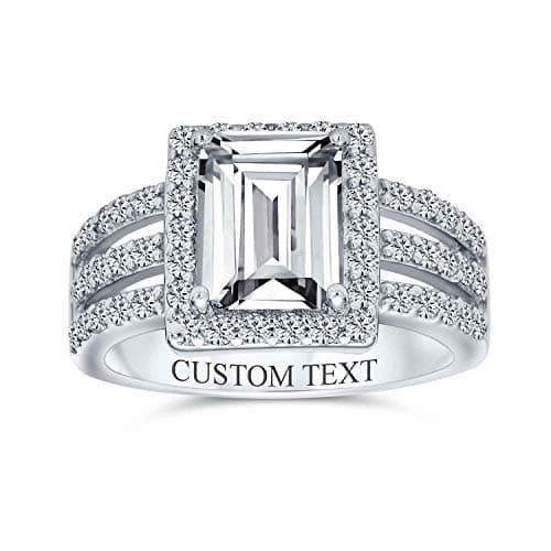 Image of Personalize Art Deco Style 3CT Rectangle AAA CZ Emerald Cut Halo Engagement Ring For Women Wide Band .925 Sterling Silver Custom Engraved