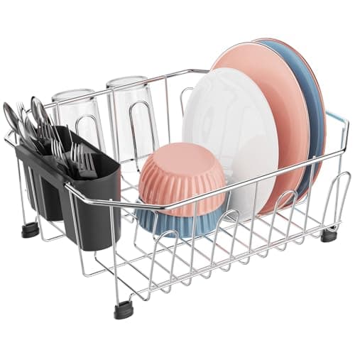 Image of iSPECLE Small Dish Drainer for Kitchen Sink - Compact Stainless Steel Washing Up Rack with Cutlery Holder, Rust Resistant Wire Draining Board for Worktops, Caravans & Flats (29.5 x 34 cm), Silver