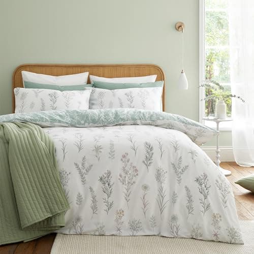 Image of Bianca Wild Flowers 200 Thread Count Cotton Double Duvet Cover Set with Pillowcases Green