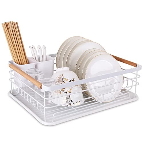 Image of BTGGG Dish Drainer Rack with Removable Drip Tray, Metal Kitchen Drying Rack Organiser with Wooden Handles, White, 43 x 30.5 x 14 cm