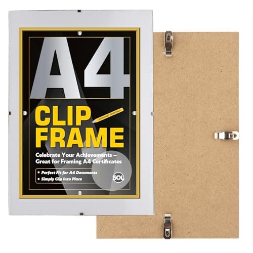 Image of SOL 1pk A4 Clip Frame - Frameless Photo, Poster & Certificate Display, Clear Non-Glass Shatter-Resistant Modern Frame, Sleek Durable Metal Clips for Home & Office