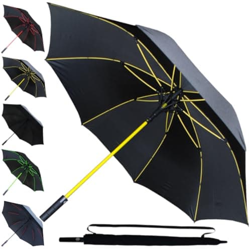 Image of 60MPH Golf Umbrella Windproof - Strong Umbrella Large and Rainproof Big - StormDefender Jumbo - Best for Size - Reinforced Frame - Non Slip Handle - Auto Open - Yellow Ribs