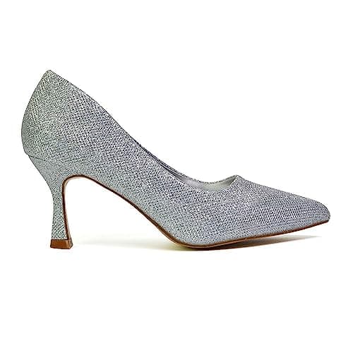 Image of ESSEX GLAM Womens Slip On Low Mid Heel Court Shoes Ladies Glitter Pointed Close Toe Dress Silver Pumps Size 7