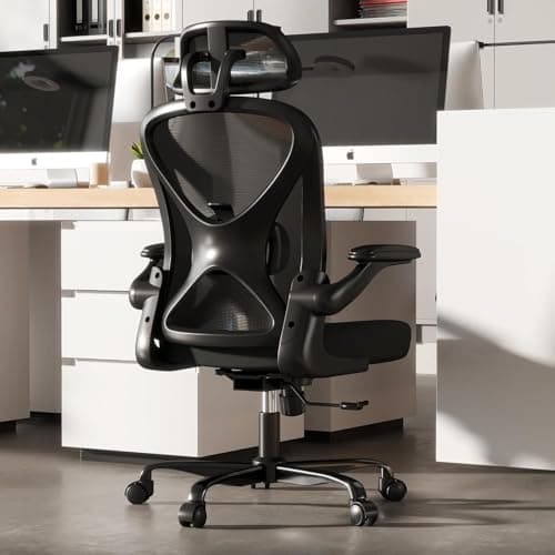 Image of Keratee Ergonomic Office chair with Adjustable Lumbar support & Headrest, Mesh Home Computer Desk chair with Flip-Up Arms, 360° Wheels and Height Adjustment, Black