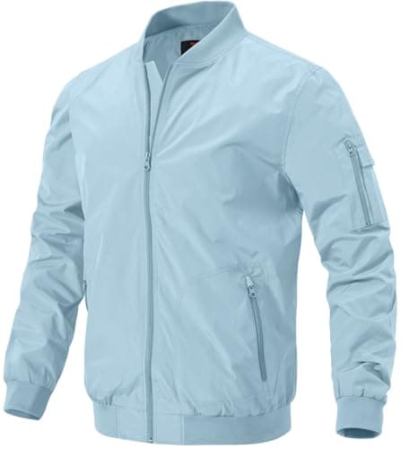 Image of donhobo Men's Spring Autumn Casual Jackets,Lightweight Bomber Jacket Outdoor Sports Windbreakers Thin Baseball Coats with Zipper Pockets Sky Blue S