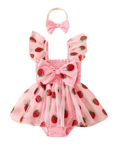 Image of Acrawnni Newborn Baby Girl Strawberry Romper Dress Ruffle Sleeveless Princess Tulle Tutu Romper Strawberry Birthday Princess Party Outfit (A-Pink, 0-3 Months)