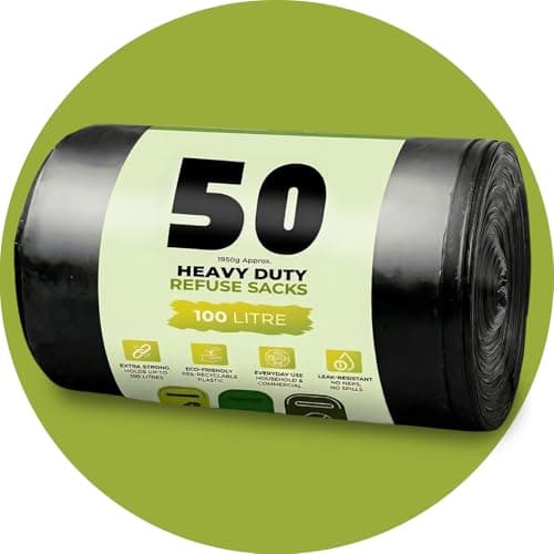 Image of 50 Pack Black Bin Bags, 100L, 33 Microns, Leak-Resistant, Eco-Friendly, Strong & Durable Recyclable Refuse Sacks, Bin Liners for Home, Office & Kitchen Waste Disposal