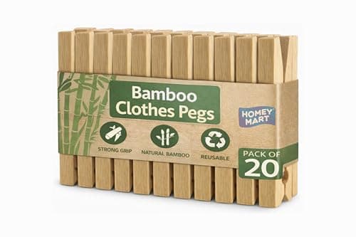 Image of Bamboo Clothes Pegs - Pack of 20 – Heavy Duty 7-Ring Spring Wooden Laundry Pegs for Washing Line, Sustainable Giant Bamboo Clips for Arts, Crafts, and Photo Hanging