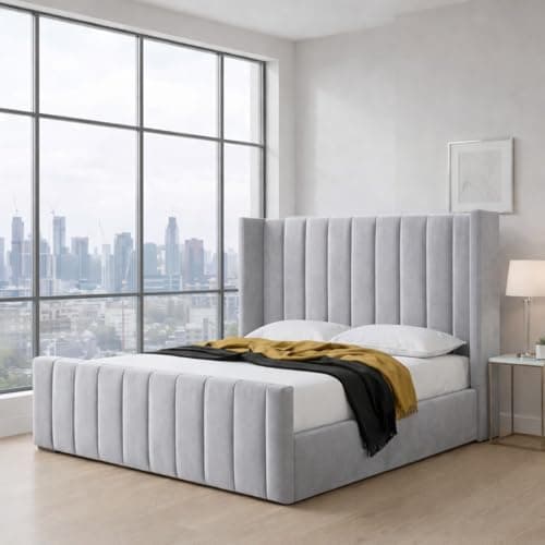 Image of Bed Craft Luxury Upholstered Velvet Bed Frame | Modern Designer Furniture | Optional Gas Lift Storage and Mattress | UK Made (Silver Plush, Double 4ft6 Bed Frame)