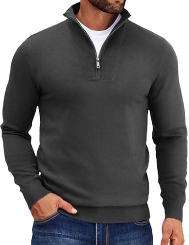 Image of COOFANDY Men's Half Zip Jumper Mock Turtleneck Sweater Long Sleeve Business Pullover Knitted Sweatshirt for Men Dark Grey M