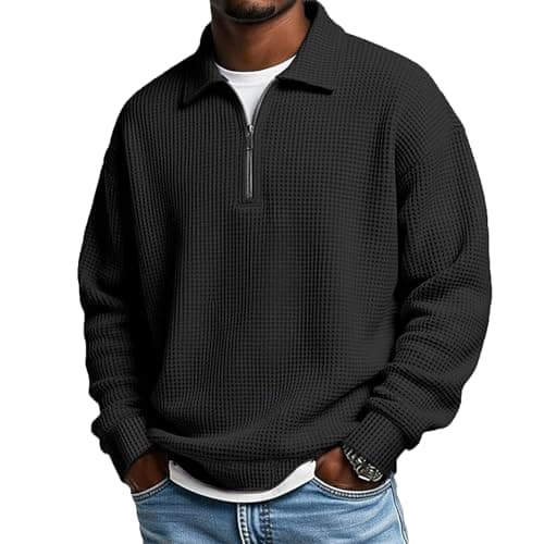Image of Mens Waffle Knit Jumper Sweatshirt Long Sleeve Solid Color Minimalist Half Zip Neck Top Business Casual Modern Moisture Wicking Black 5XL