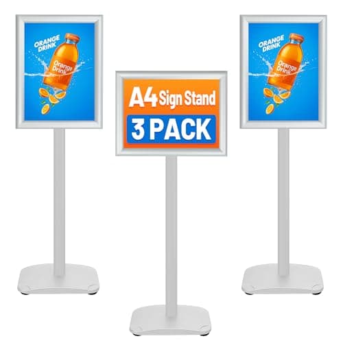 Image of VAIIGO A4 Poster Sign Display Stand 3Pack - Heavy Duty Floor Standing Sign Holder with Snap Frame for Menu Holder, Welcome Sign, Outdoor Signage - Silver
