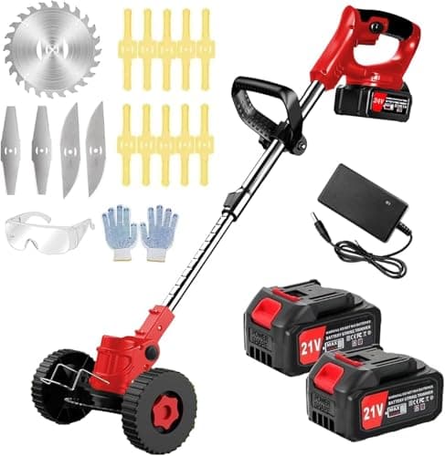 Image of Cordless Strimmer 21V Battery Strimmer Lightweight Garden Strimmer with 2pcs Batteries&13pcs Blade&removable Wheels Brush Cutter Height adjustable Electric Strimmer for Gardens Lawns