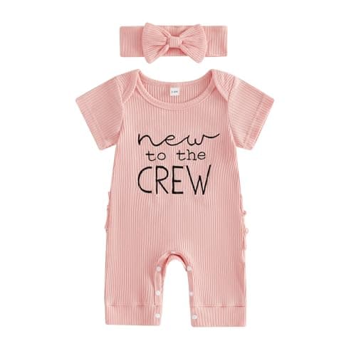 Image of Flamosisi Infant Girls Summer Rompers Short Sleeve Crew Neck Letter Embroidery Waffle Bodysuits Jumpsuits With Bow Headband 2 Piece Newborn Outfit For Girls New To The Crew Roomper (Pink, 0-3 Months)