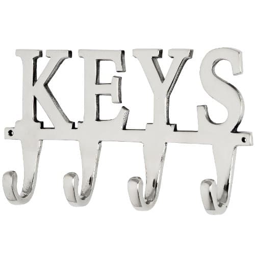 Image of Chattels Large KEY Holder Rack 4 Hooks inch KEYS inch Metal Hook Hanger Chrome colour Upper Case Letters,25 x 14 x 4 cm approx