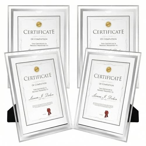 Image of QWORK® 4 Pack A4 Glass Photo Frame Certificate Frame Freestanding or Wall Mounting for Displaying Family Photos Pictures Certificates and more (Silver)