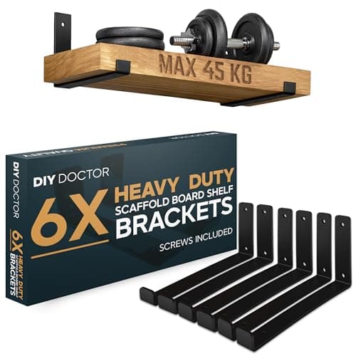 Image of DIY Doctor Heavy-Duty Scaffold Board Shelf Brackets, Set of 6, 23.5cm, Black Industrial & Rustic Metal Shelf Supports, Wall-Mounted Storage & Home Décor