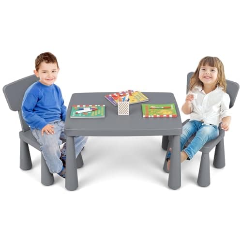 Image of COSTWAY Kids Table and Chair Set, Children Multi Activity Desk with 2 Chairs, 3-Piece Toddler Furniture Set for Eating, Drawing, Writing, Craft, Snack Time, 77 x 55 x 50 cm (Gray)