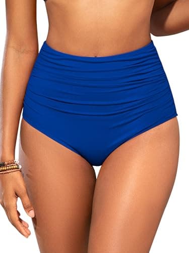 Image of SHEKINI Women Shaping Swimwear Bottoms High Waisted Bikini Bottom Tummy Control Ruched Swim Brief Bottom, Royal Blue, Medium