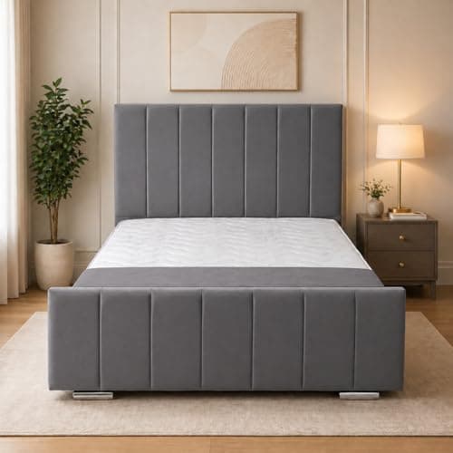 Image of UK Bed Furniture - Kensington Upholstered Bed Frame, Luxury Plush Design with Modern Headboard & Footboard, Bedroom Bed Frames-Single, Double, King & Super King Sizes (Grey, Double)