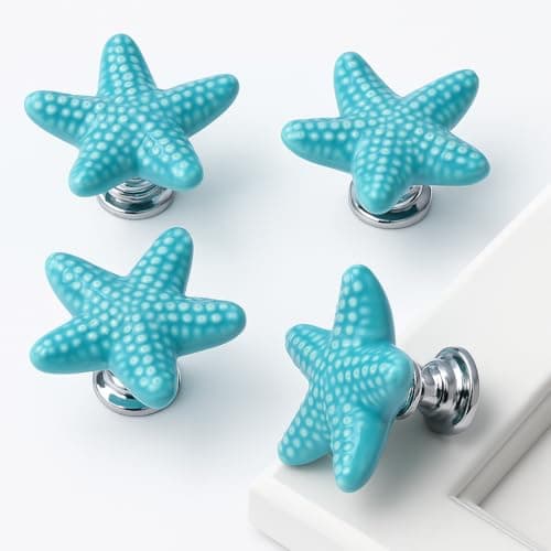 Image of Seaside Themed Starfish Drawer Knobs Set of 4, 3.4cm Blue Ceramic Cabinet Handles with Screws, Coastal Style Pulls for Drawers, Wardrobes, Cupboards, Cabinets – Ocean Furniture Hardware Home Décor