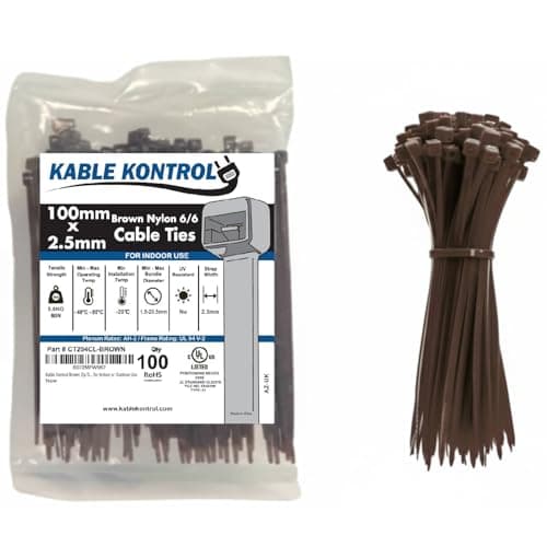 Image of Kable Kontrol Brown Cable Ties, 100 mm x 2.5 mm, Pack of 100, 4" Premium Nylon Zip Ties, Multi-Purpose Plastic Tie Wraps, Secure Self-Locking Mechanism, for Home, Garden, Office and DIY