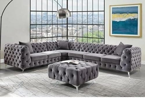 Image of Snooze Monaco Plush Velvet Sofa Set – 3 and 2 Seater Sofas, Upholstered Fabric Couches, Corner Sofas for Stylish Living Rooms (Grey Plush, 6 Seater Left hand Facing)