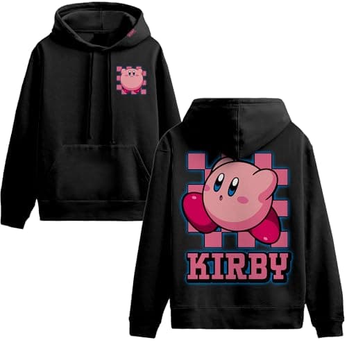 Image of Mad Engine Kirby Check Point Retro Gamer Nintendo Sweatshirt Hoodie, Black, XL