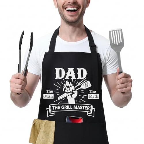 Image of BBQ Aprons for Men, One-Piece Funny Apron, Ideal Gift for Dad & Grandad, Personalised Black Apron with Pockets, Unusual Novelty Presents for Father's Day & Christmas, Chef's Kitchen Cooking Apron