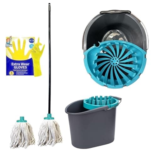 Image of SWISSPACK Heavy-Duty Mop & Bucket Set — 2x 100% Cotton Mop Heads, 1 Steel Handle, Detachable Wringer, Sturdy Plastic Bucket, Super-Absorbent Floor Mop