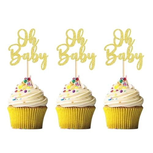 Image of 24Pack Oh Baby Cupcake Toppers Glamorous Glitter Baby Shower Cupcake Picks Decorations for Celebrating Kids Birthday Party Supplies Gold