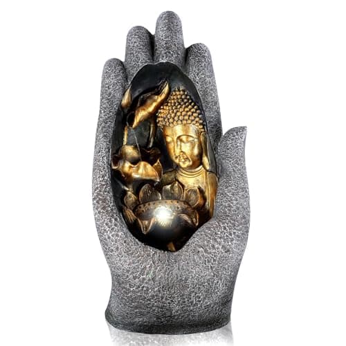 Image of GEEZY Garden Water Feature – Palm Buddha Fountain with LED Lights – Mains Powered, Self-Contained, Indoor & Outdoor – Easy Setup, Cascading & Tranquil – Great for Garden, Home, Patio & Balcony Decor