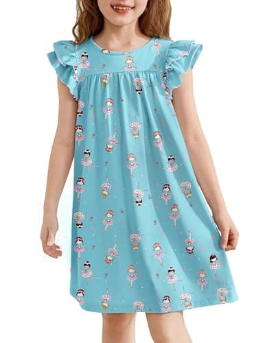 Image of Arshiner Nightdress Girls Flying Sleeves Nightgowns Children Summer Short Sleeve Pajamas Round Neck Nightwear A-Line Nightdress for Girls 11-12 Years