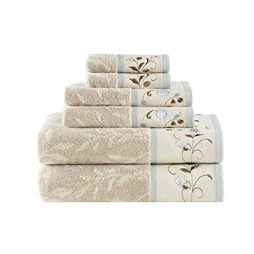 Image of Madison Park Serene 100% Cotton Bath Towel Set Luxurious Floral Embroidered Cotton Jacquard Design, Soft and Highly Absorbent for Shower, Multi-Sizes, Blue