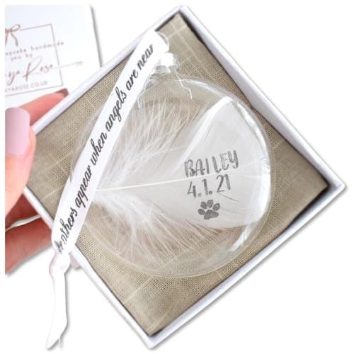Image of Personalised Name White Feather Bauble/Gift Boxed Glass Hanging Tree Decoration Memorial Handmade